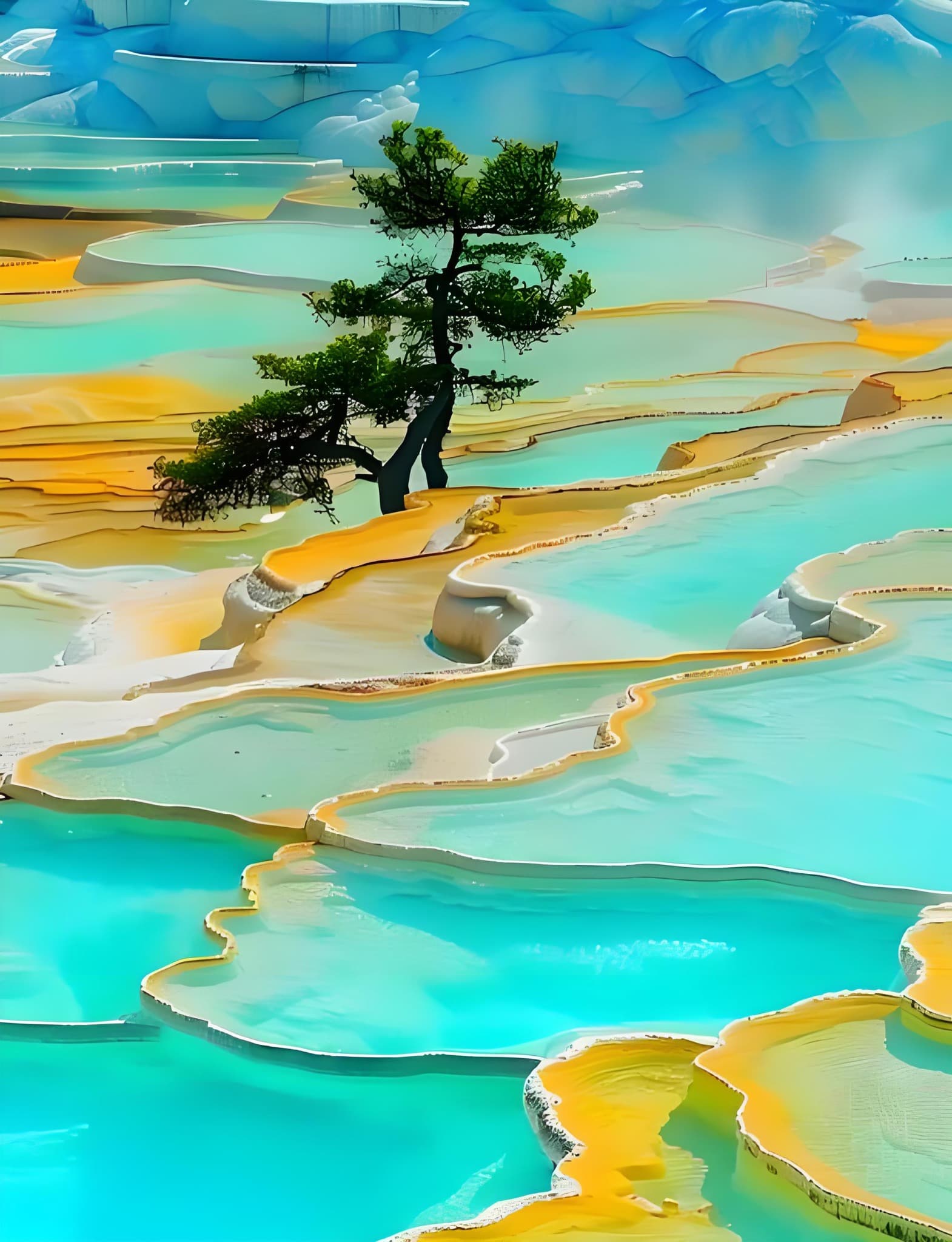 Turquoise, jade and golden Huanglong mineral terraces around a pine tree